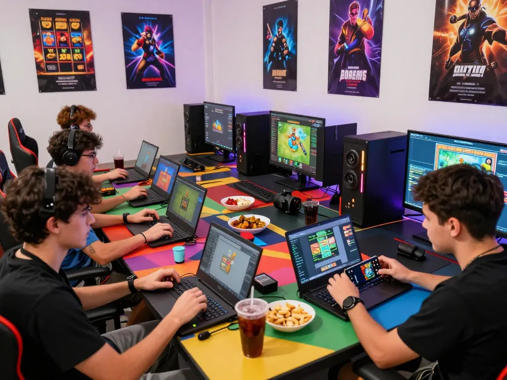 Friends enjoying rikvip games on multiple devices in a vibrant gaming setup.