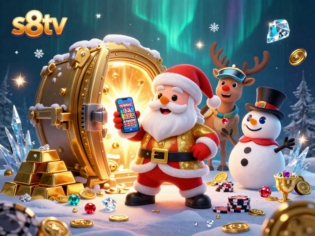 Experience thrilling entertainment with s8tv's vibrant gaming scene featuring Santa Claus and friends.