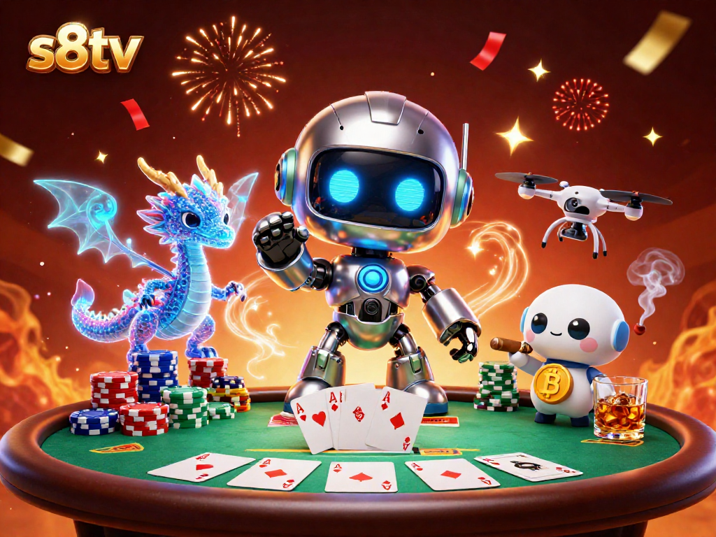 S8tv showcases a futuristic casino scene with a vibrant 3D robot and poker elements.