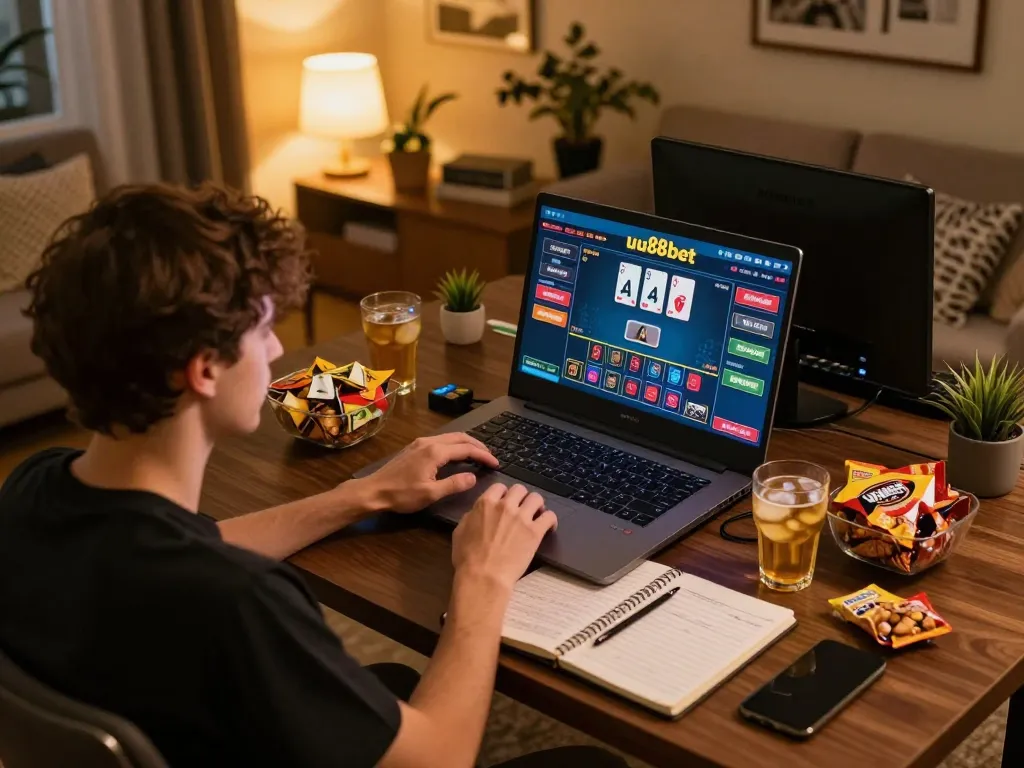 Engaged user playing live dealer game on uu88bet at home with strategic notes