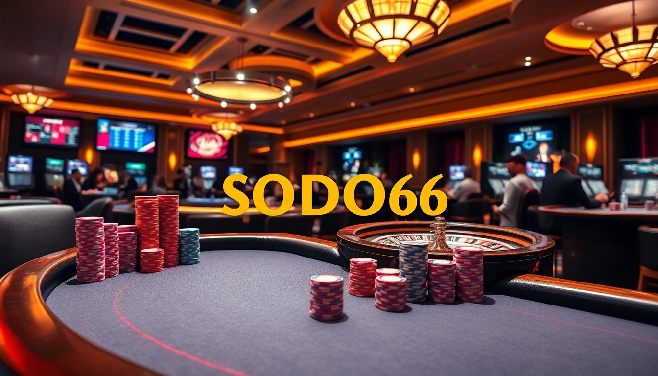 SODO66 casino experience with vibrant poker tables, roulette wheels, and excited players.