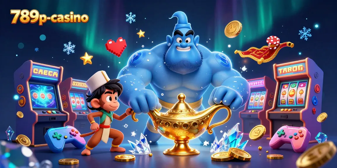 Engage in thrilling gameplay at 789p-casino with a dynamic scene featuring a blue genie, monkey, and poker chips.