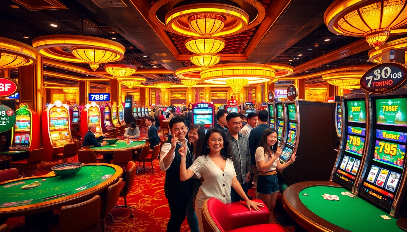 Celebrating a big win at 789F's vibrant casino with slot machines and lively players.
