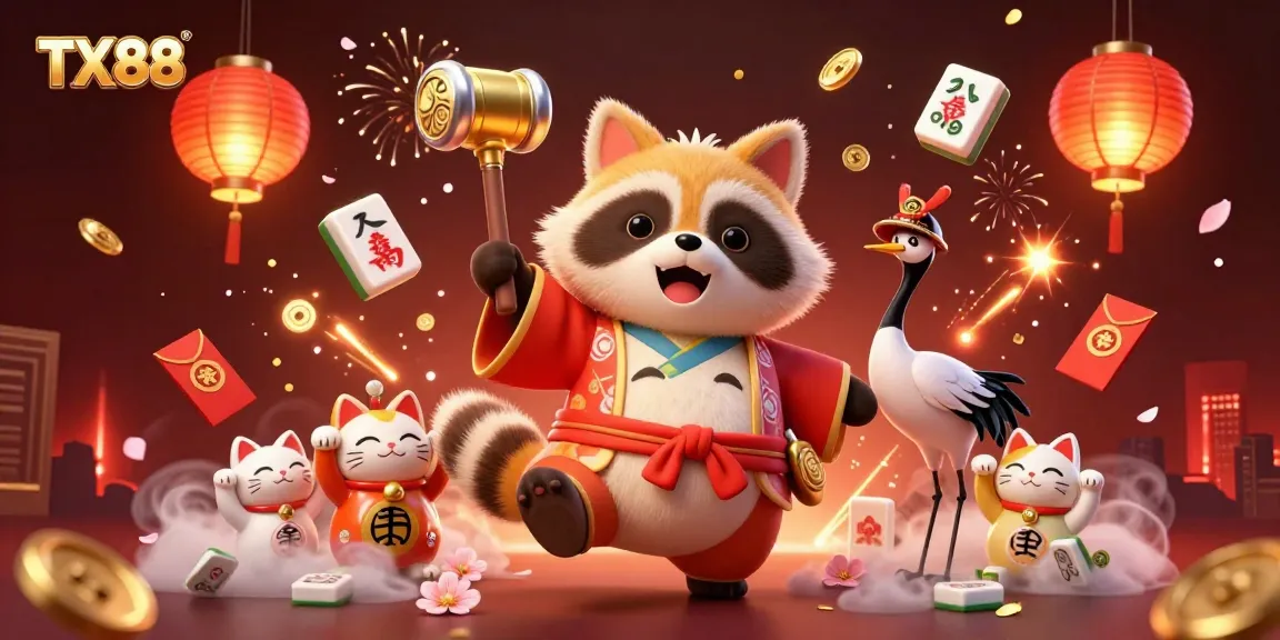 Celebrate winning moments at TX88 with cheerful tanuki, fortune cats, and festive gambling elements.