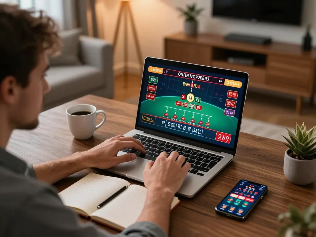 Engaged player using laptop for online gaming at nhà cái rr88, with notes and coffee visible, promoting responsible gambling.