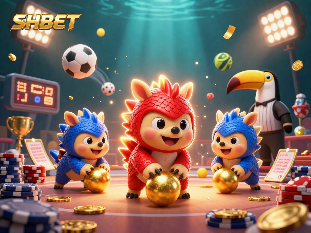 SHBET pangolins compete in a vibrant casino scene filled with poker chips and sports elements.