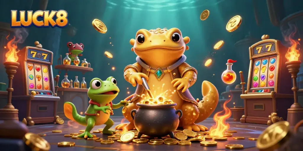 Experience the excitement of LUCK8 featuring a golden salamander alchemist transmuting luck into gold coins among slot machines and jackpots.