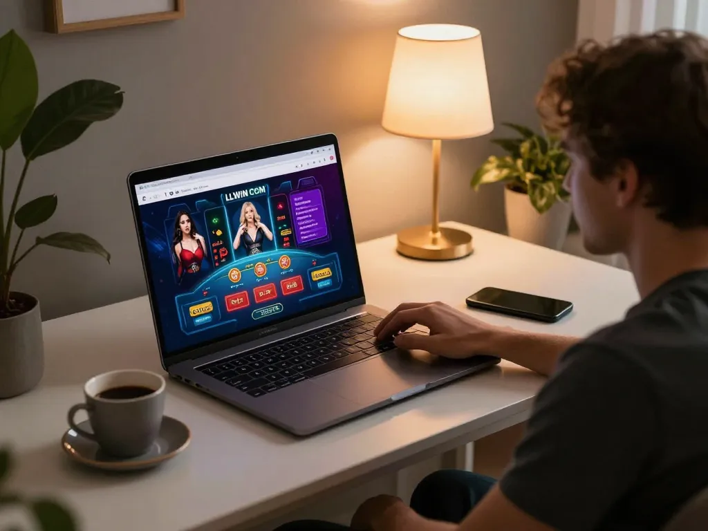 Engaging in online gaming at LLWIN COM with a stylish home setup, vibrant atmosphere showcasing casino gameplay.