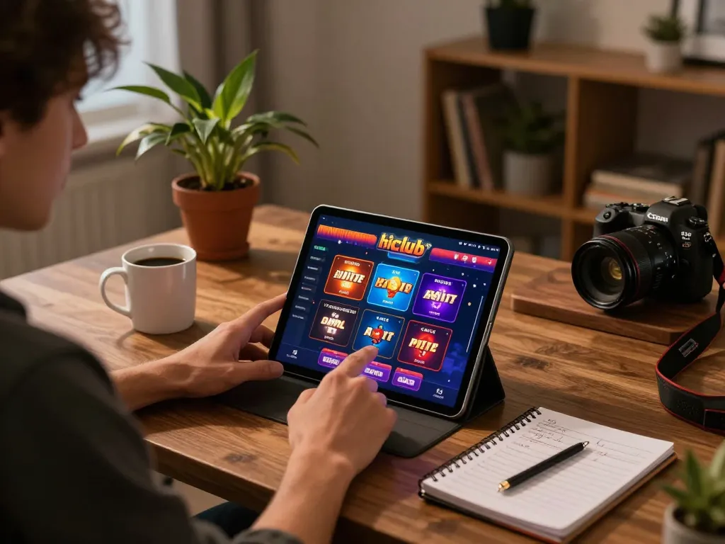 Engaging with the hitclub casino platform on a tablet, showcasing responsible online gambling.