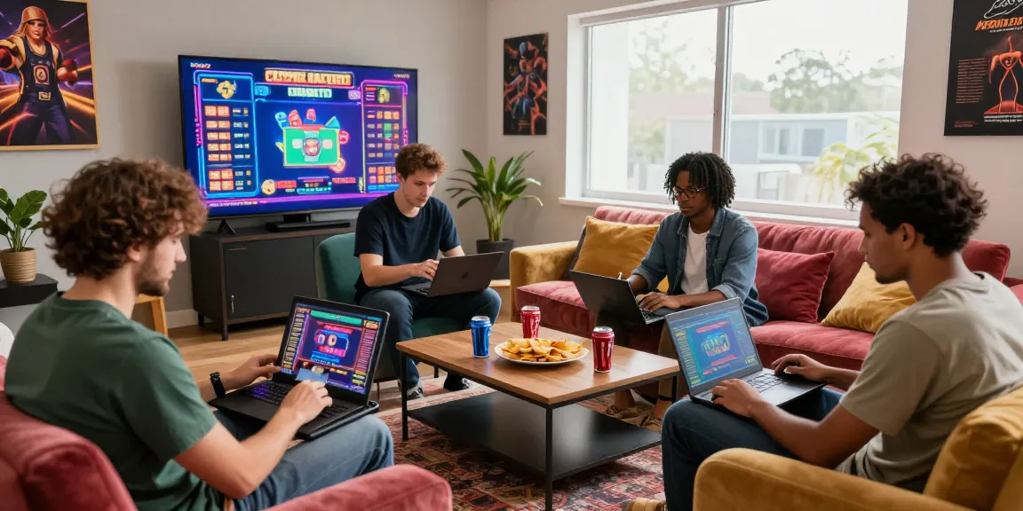 Group of UK gamers exploring credit card casinos at https://chps.org.uk/ with laptops and snacks, showcasing an engaging online gaming atmosphere.