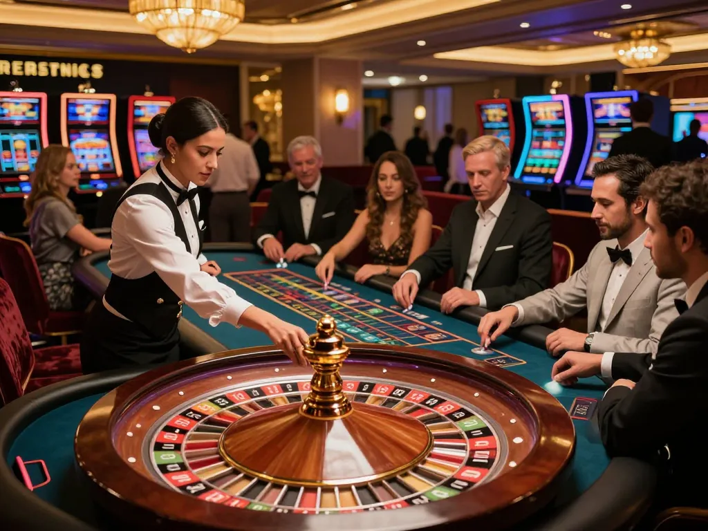 Dynamic scene at nhà cái xin88 showcasing players excitedly interacting at a roulette table in a luxurious casino.