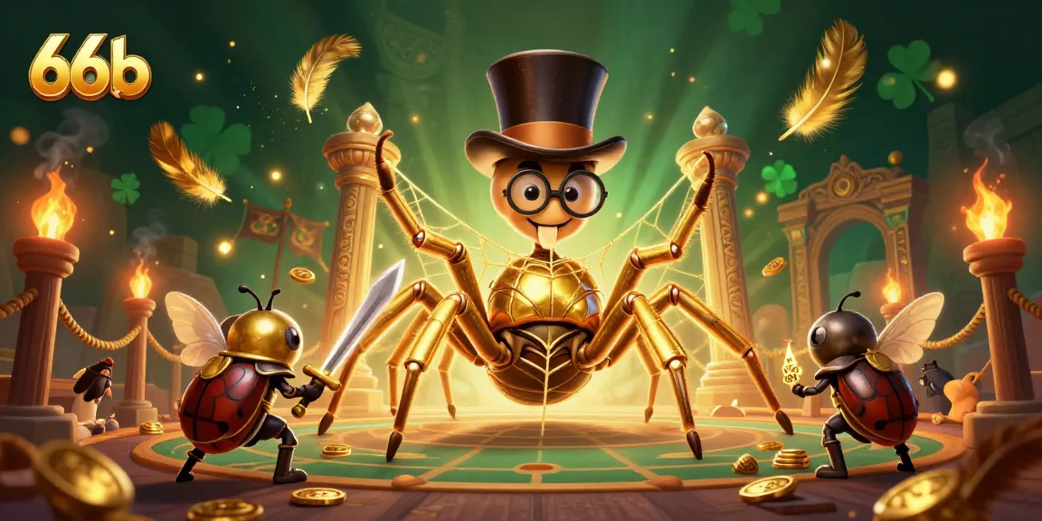 Experience 66b's thrilling online casino world with a golden tarantula, knight, and vibrant game elements.