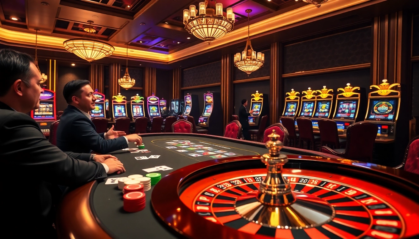 Experience the thrill of B52 at an upscale casino table with strategic gameplay and vibrant slot machines.