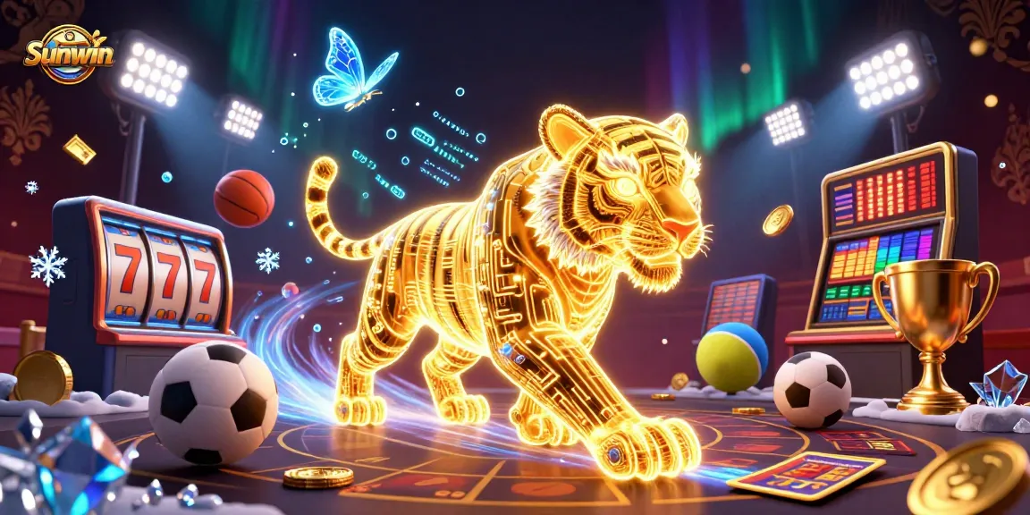 Experience thrilling gameplay at Sunwin with dynamic golden tiger and holographic companions in a vibrant casino scene.