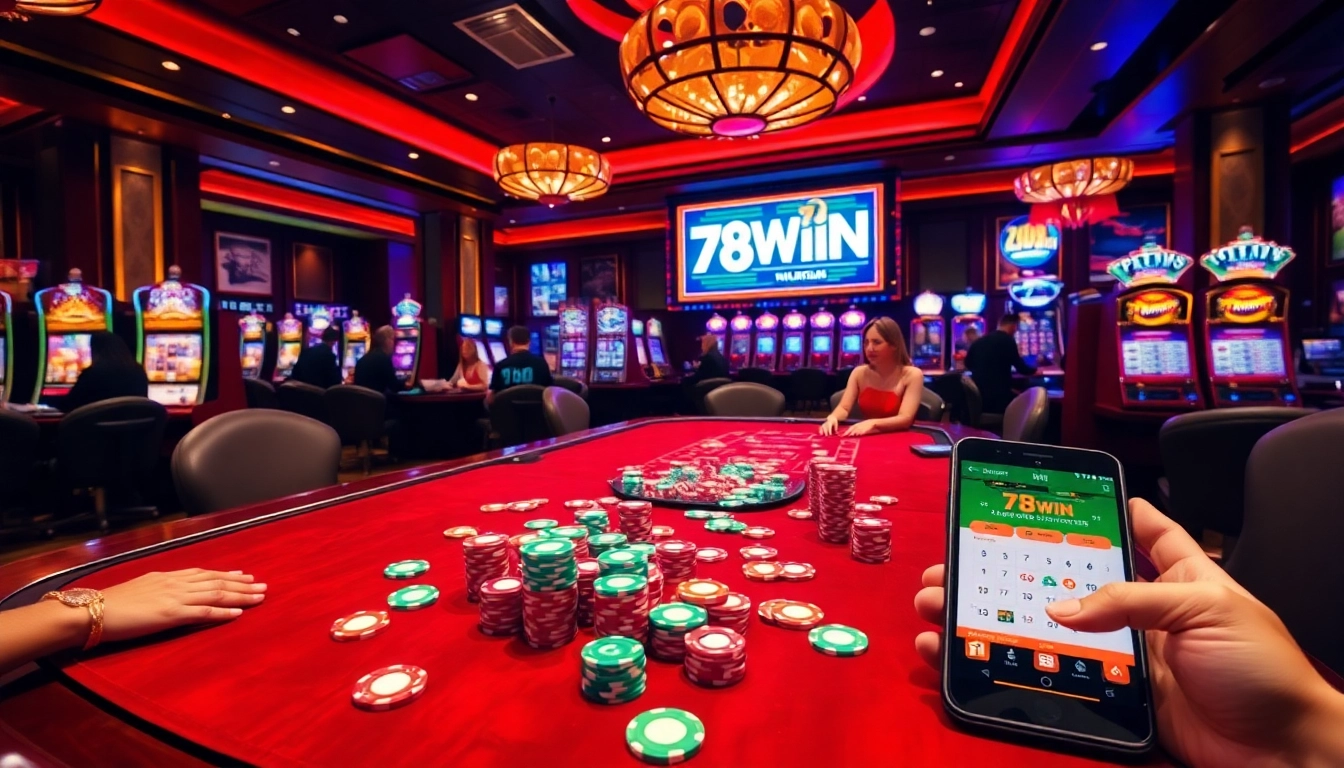 Engaged players enjoying the luxurious casino experience at 78WIN, featuring vibrant slot machines and poker tables.