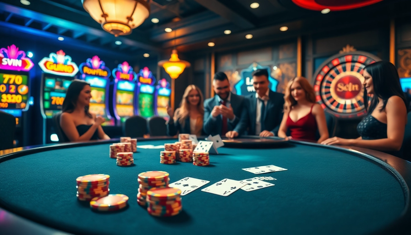 Experience the excitement of sun win gaming at a luxurious casino table with players enjoying poker.