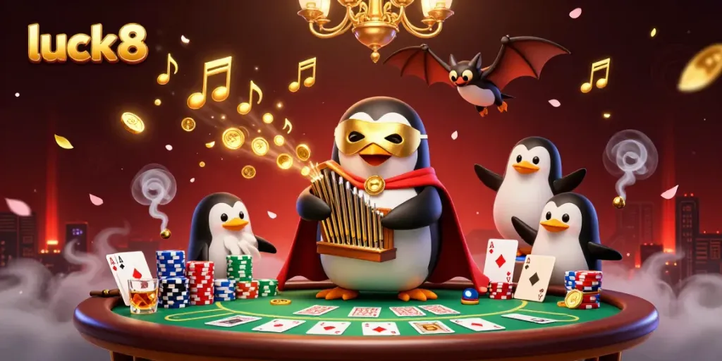 Experience the excitement of luck8 with a dazzling scene featuring a phantom opera penguin and poker elements.