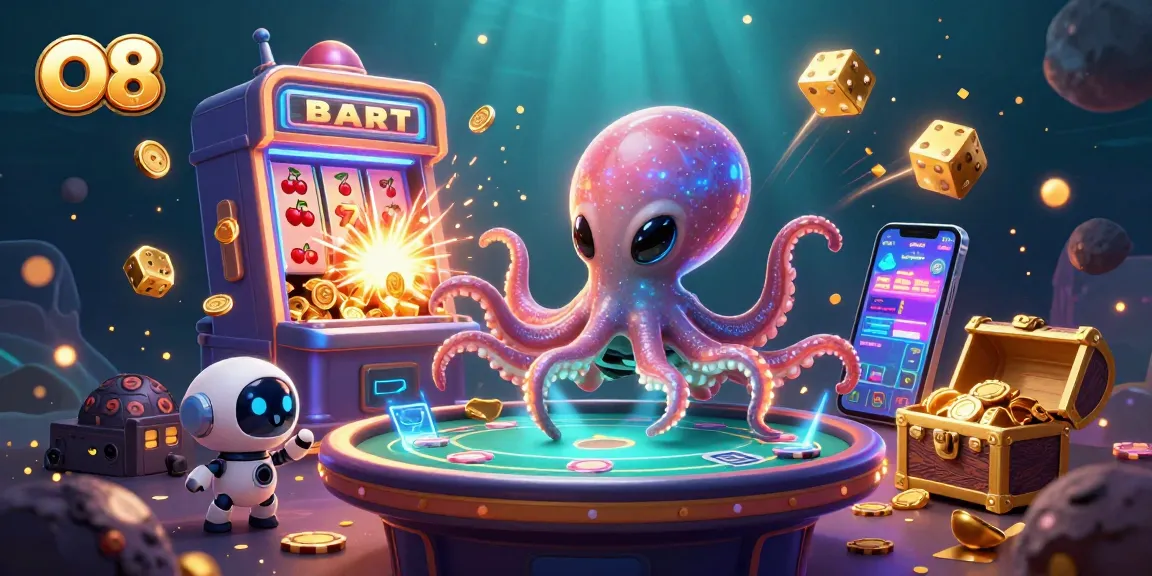 O8 alien octopus winning at a holographic poker table amid a cosmic casino explosion of rewards