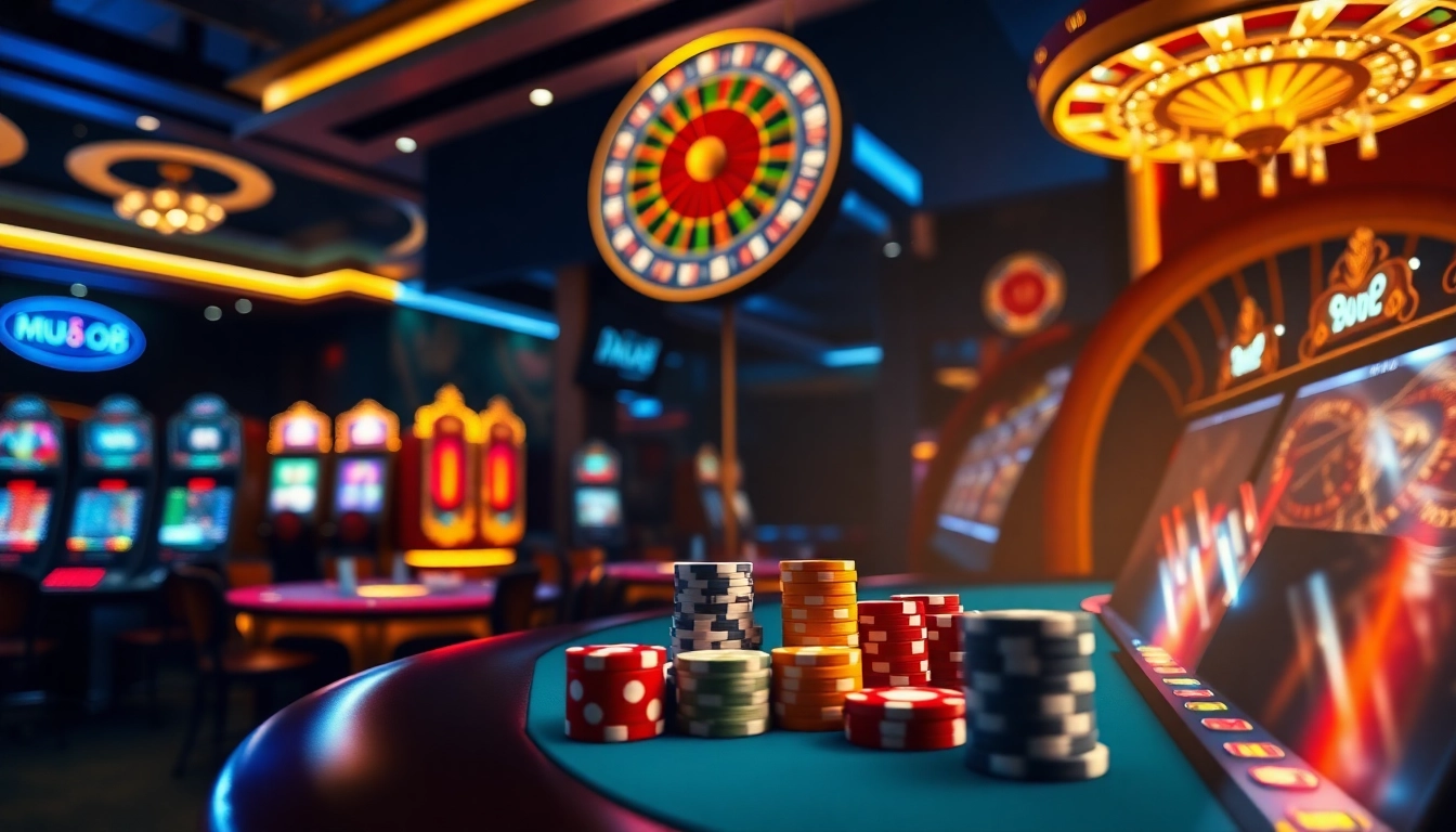 Engaging players logging into mu88 online casino with poker chips and vibrant slot machines.