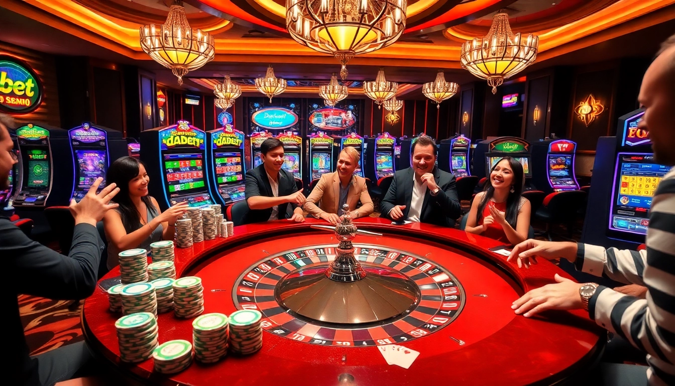 Dabet players placing bets at a vibrant casino table with poker chips and cards.