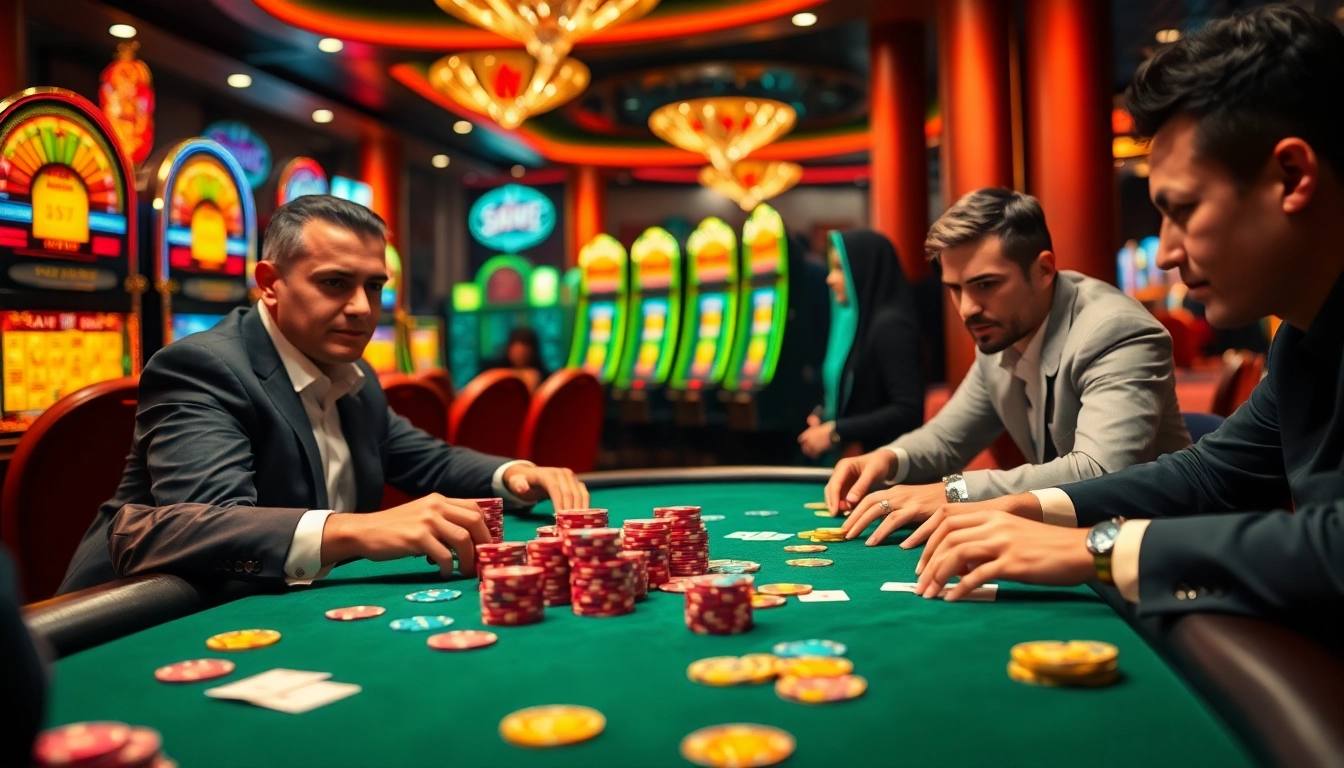 Engaged players at a poker table in an upscale casino setting, highlighting the excitement of gambling with jl55.