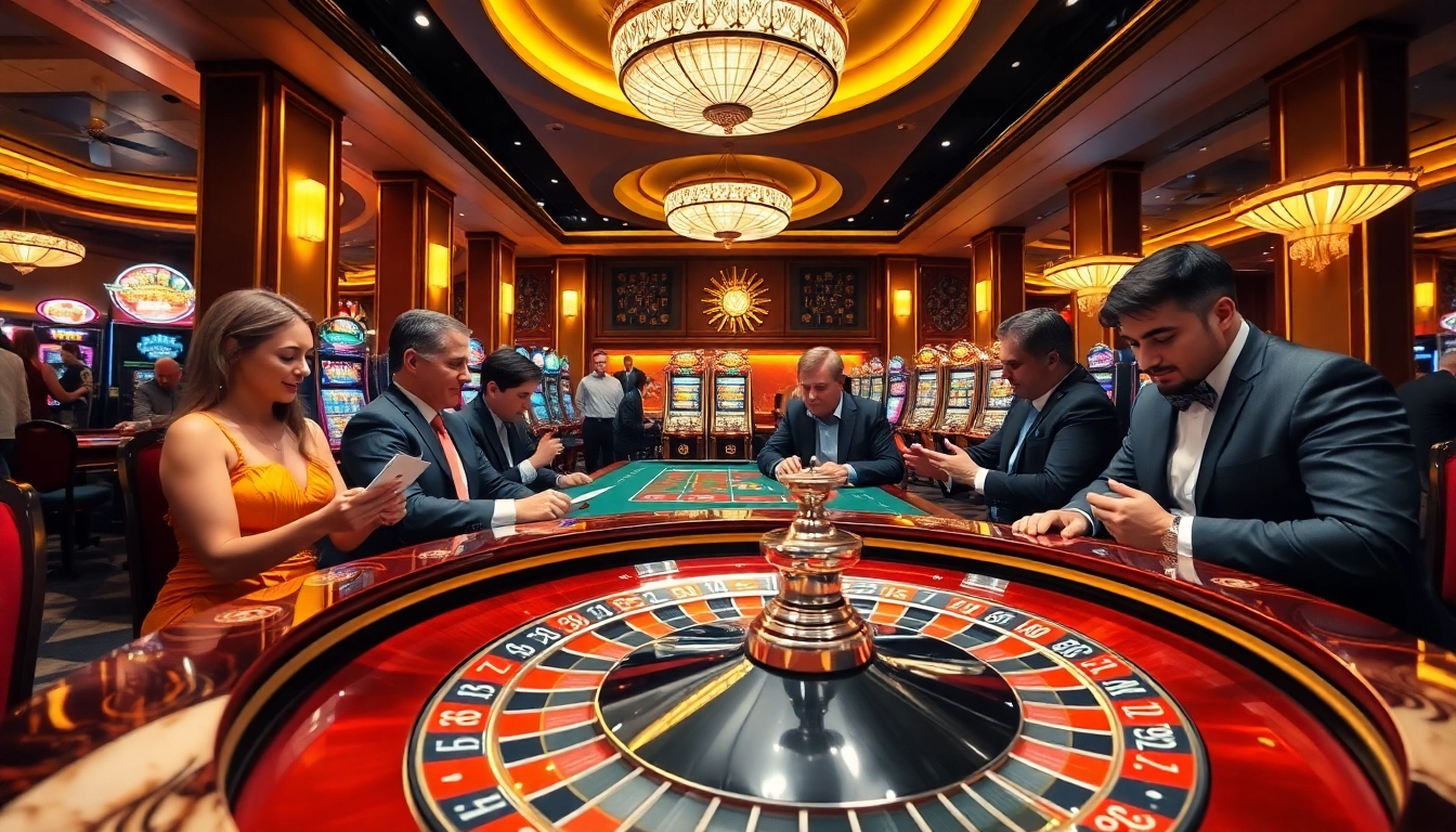 Experience the thrill of f168 bet at an upscale casino with vibrant gaming tables.