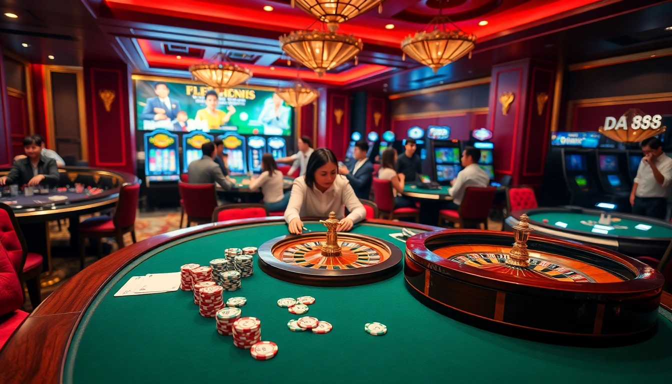 Engage in the excitement of DA88 with poker chips and roulette in a luxurious casino setting.