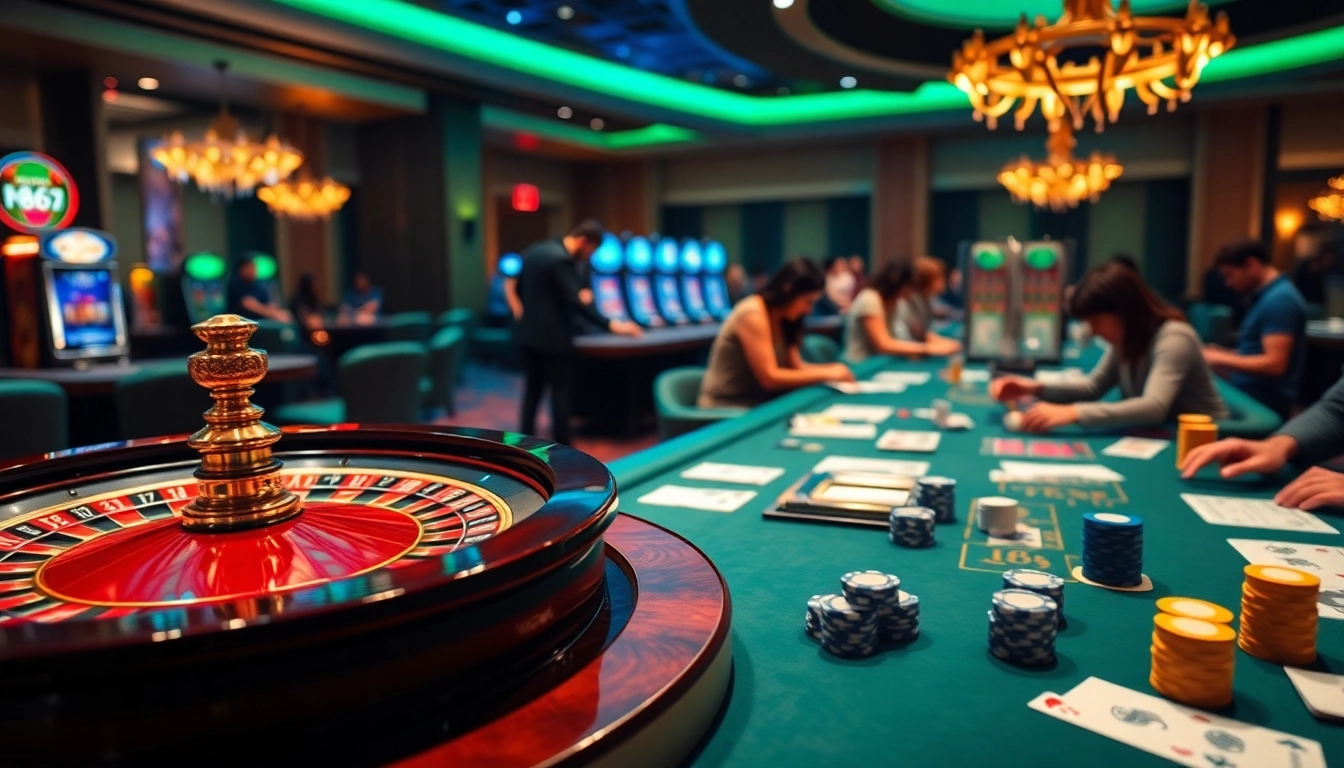 Engage in thrilling gameplay at https://mb66.golf/ with a luxury casino scene featuring roulette and poker.