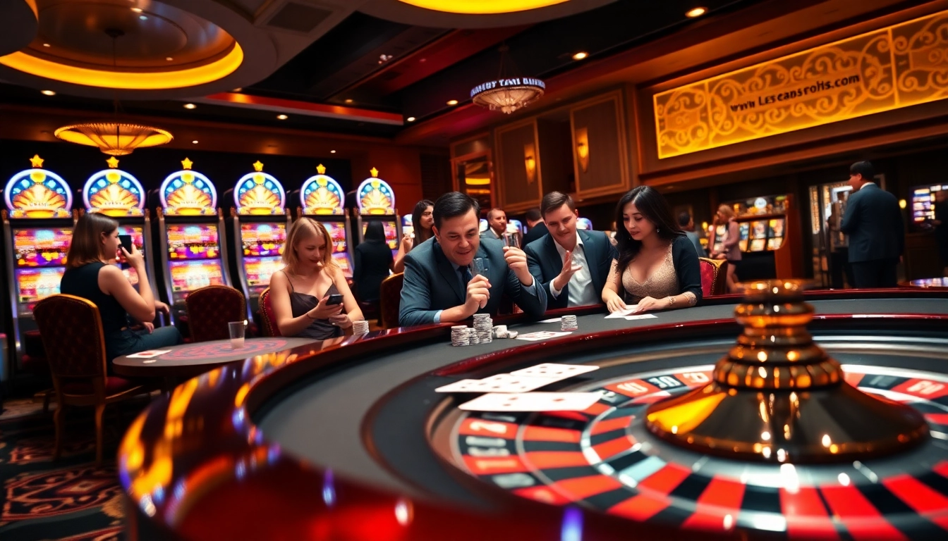 Players enjoying their thrilling experience at red88 casino table surrounded by vibrant slots and poker chips.
