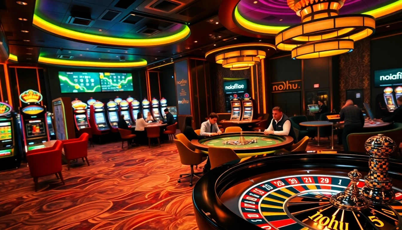 Nohu players celebrate during a thrilling casino game, showcasing vibrant slot machines and poker tables.