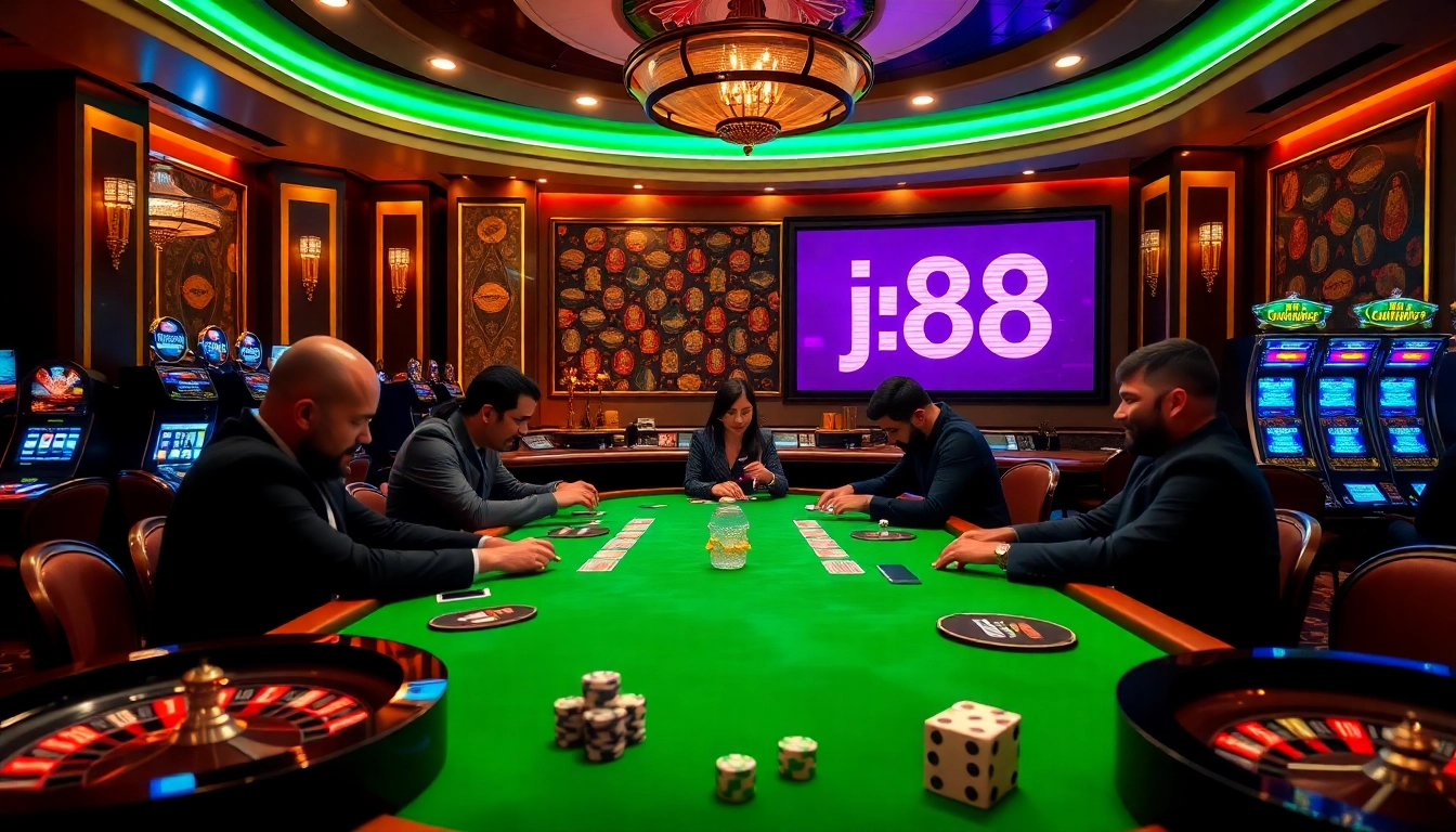 Players engaging in a high-stakes poker game at a luxurious casino featuring the "j88" theme.
