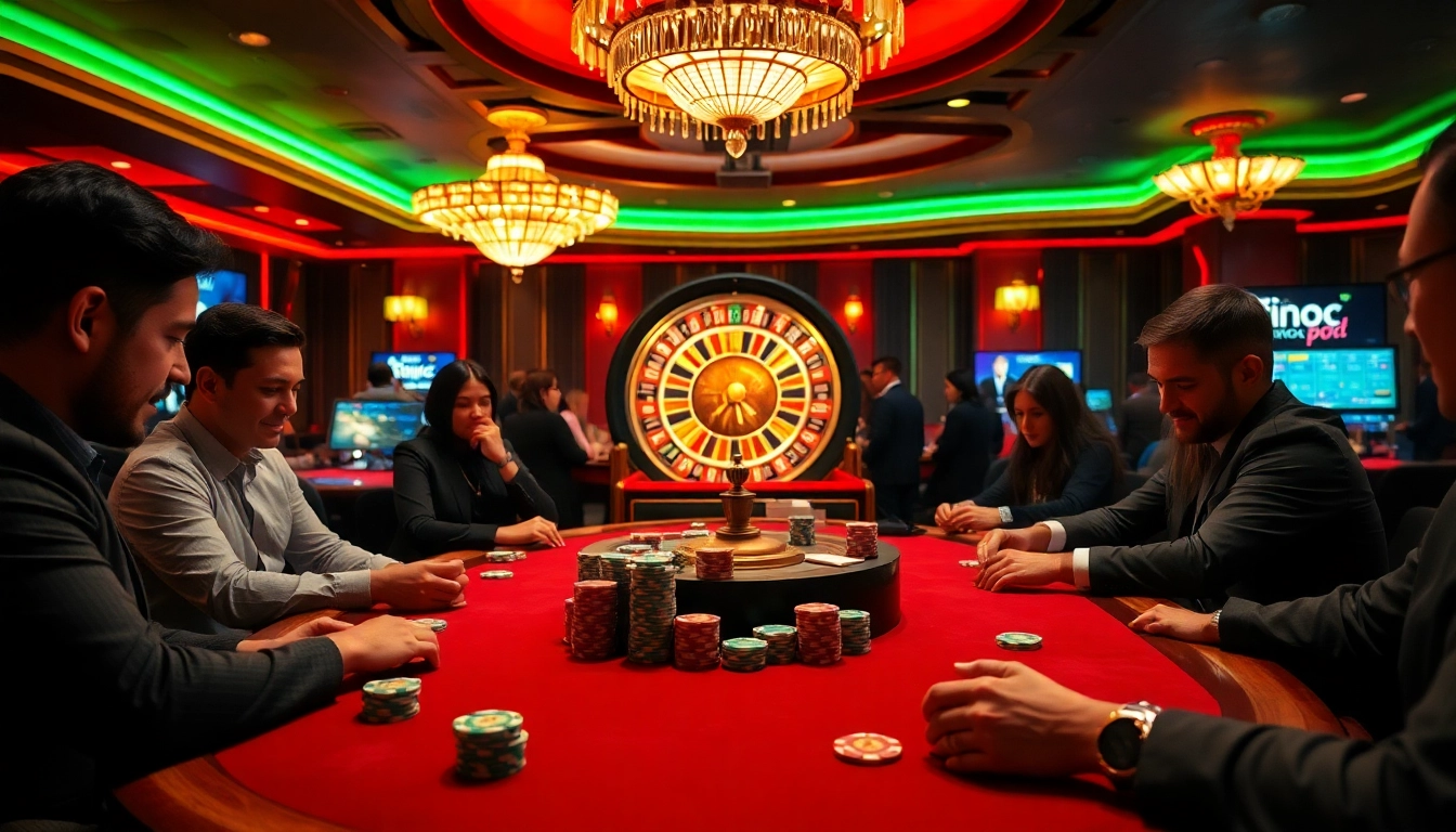 Experience the thrill of gambling at https://f168.direct/ with vibrant poker tables and a roulette wheel.