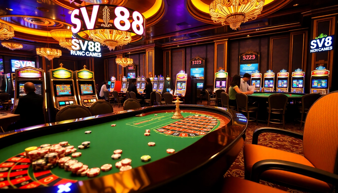 Experience the excitement of online gambling at SV88’s vibrant casino scene, featuring roulette and poker gameplay.