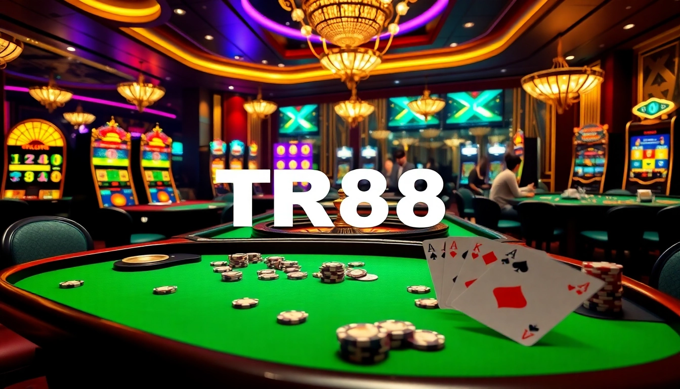 Players engaging in thrilling casino games at TR88, surrounded by vibrant slot machines and roulette wheels.