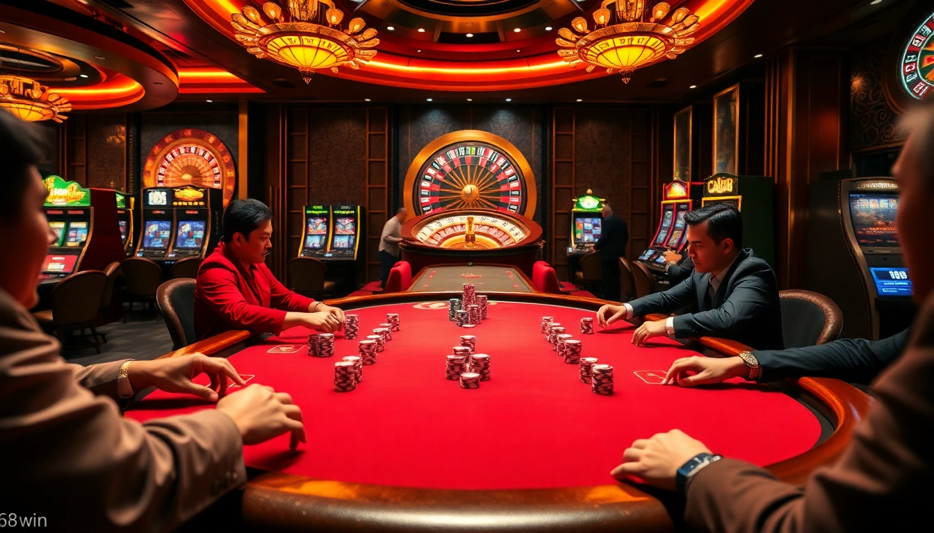 Exciting poker game at 68win casino with vibrant chips and roulette wheel.