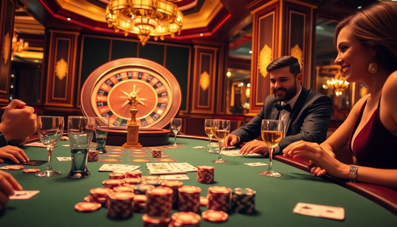 A vibrant casino scene featuring a poker table with chips and cards, showcasing excitement related to https://febet4.art/.