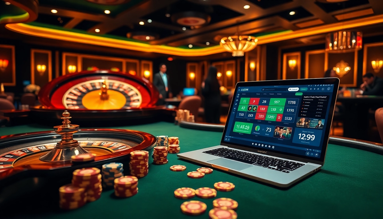 Exciting casino gaming scene with debet betting, poker chips, and roulette wheel.