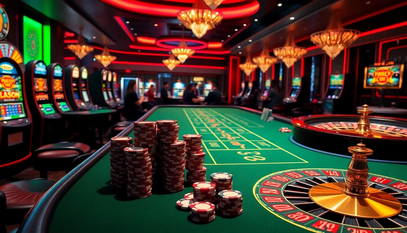 Players enjoying high-stakes games at BL555 casino with vibrant slot machines and rich poker chips.