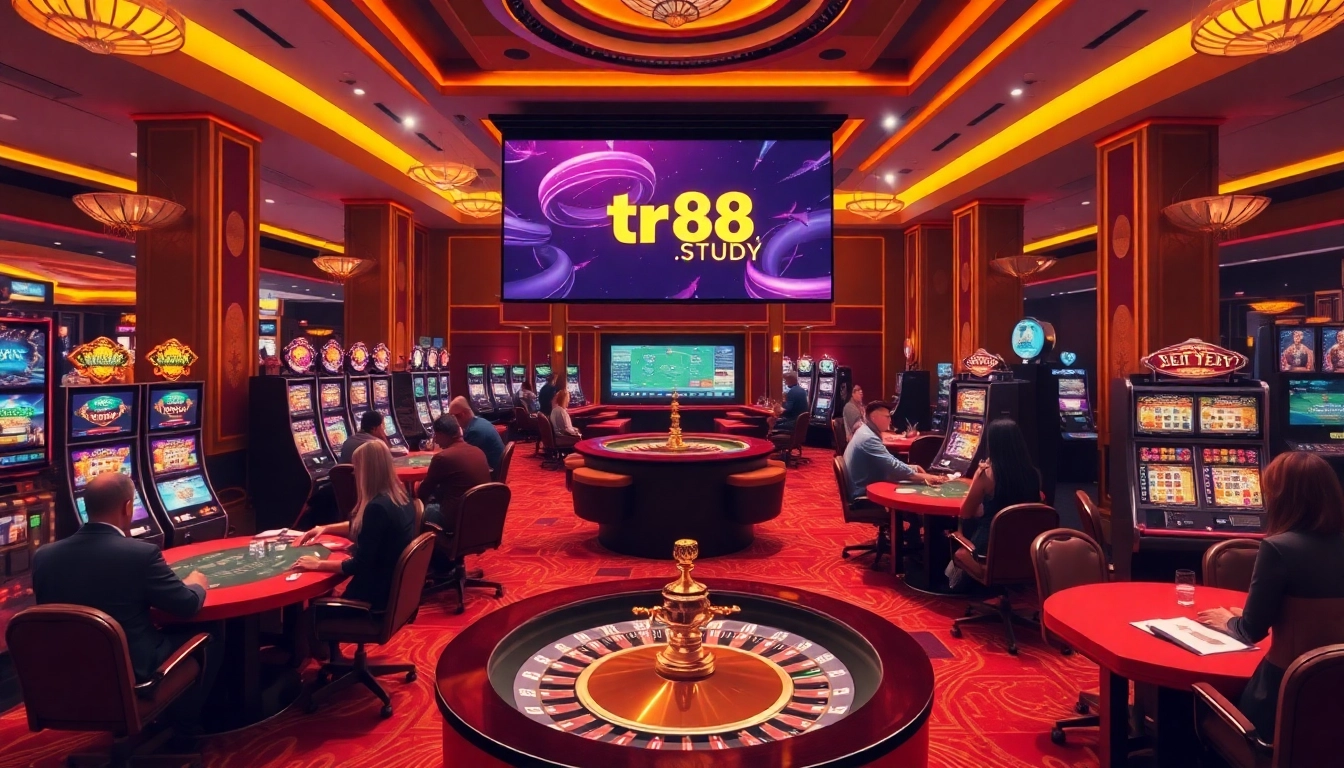 Players enjoying the vibrant atmosphere at tr88.study's casino with poker, slots, and roulette.