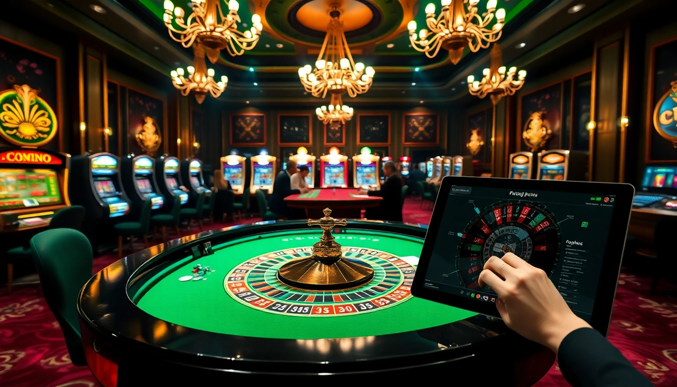 Experience the thrill of gambling at https://f8beta2.support/, featuring a vibrant casino scene with poker and roulette tables.