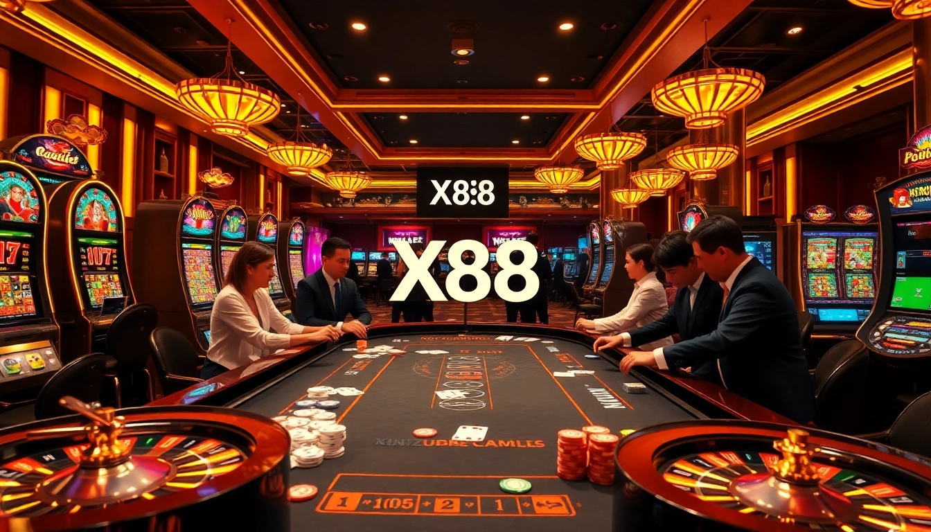 Engaging gamblers in a luxurious casino environment featuring X88 themed poker tables and vibrant slot machines.