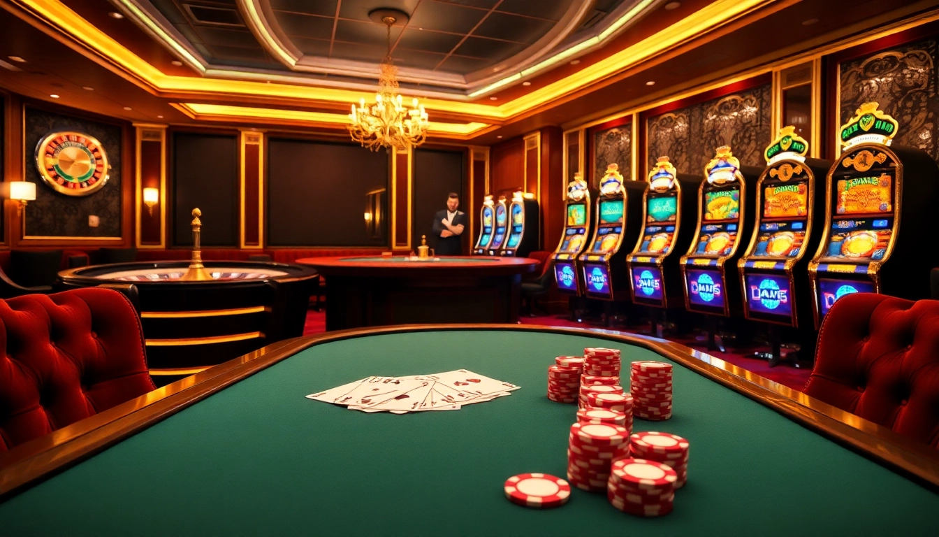 Play exciting games at https://luck8s.live/ featuring a vibrant poker table and dazzling slot machines.