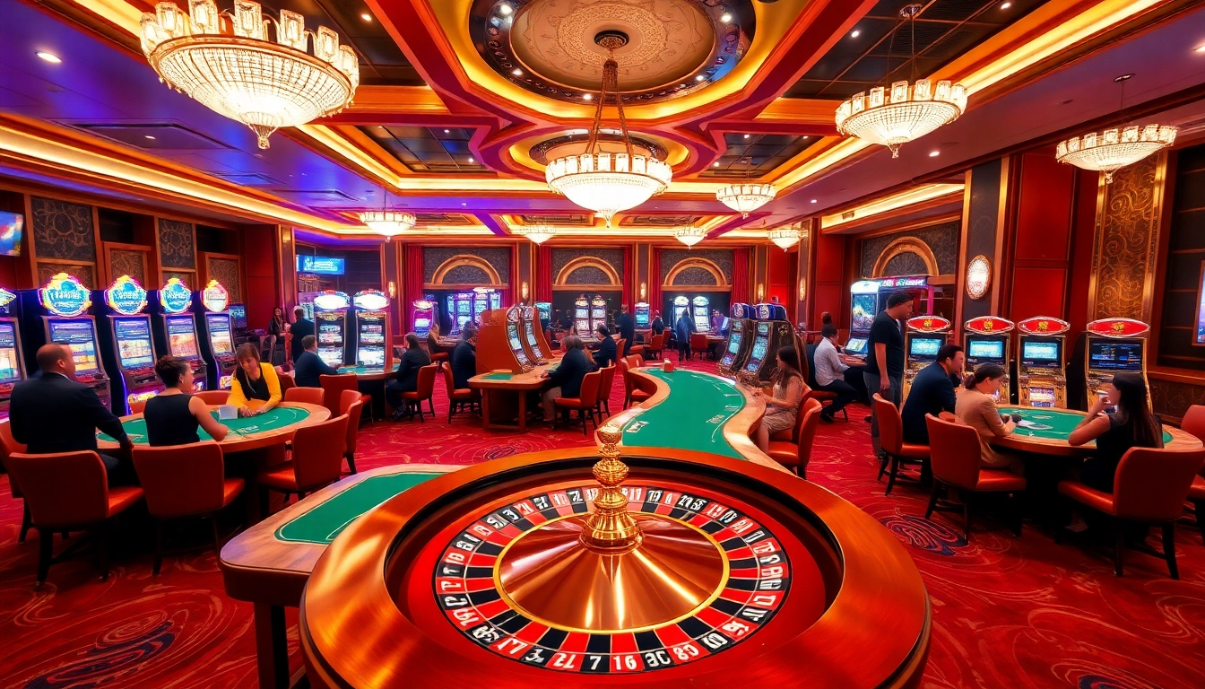 Experience XN88's thrilling gaming atmosphere with high-stakes poker tables, vibrant slot machines, and a roulette wheel.
