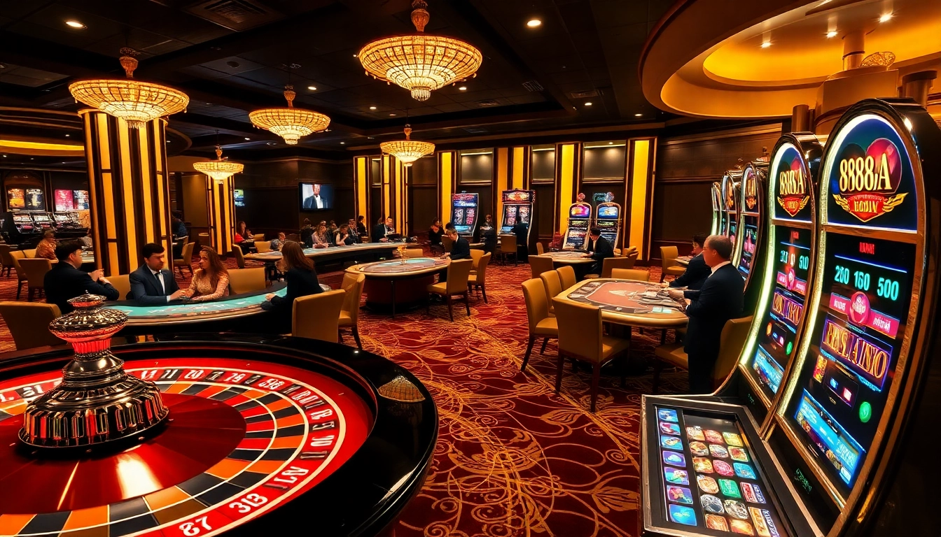 Exciting casino atmosphere showcasing gambling action at 88AA with roulette and poker tables.