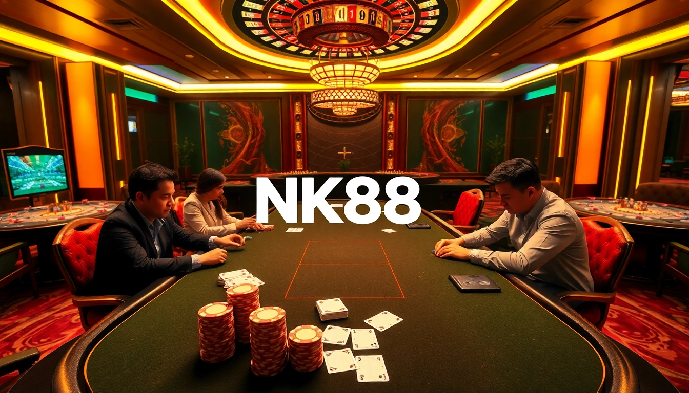 Experience thrill at NK88 with professionals playing poker in an upscale casino.
