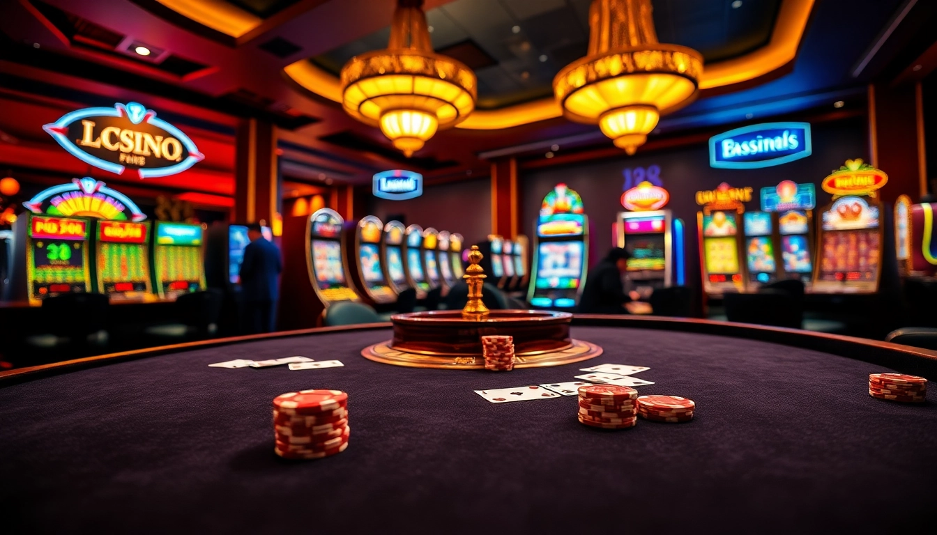Experience the excitement of gambling at lu88 with a luxurious casino scene featuring poker and roulette.